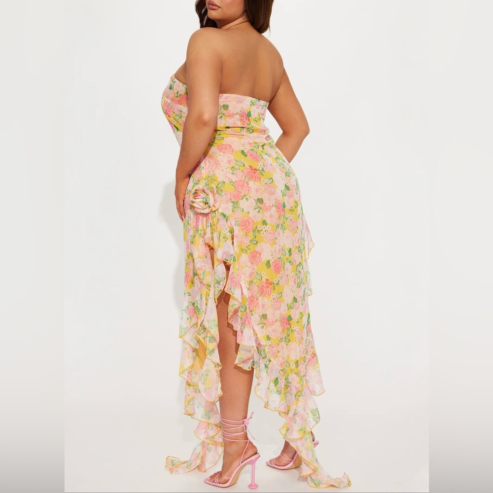 Fashion Nova Pink and Yellow Floral Ruffle Strapless Midi Dress